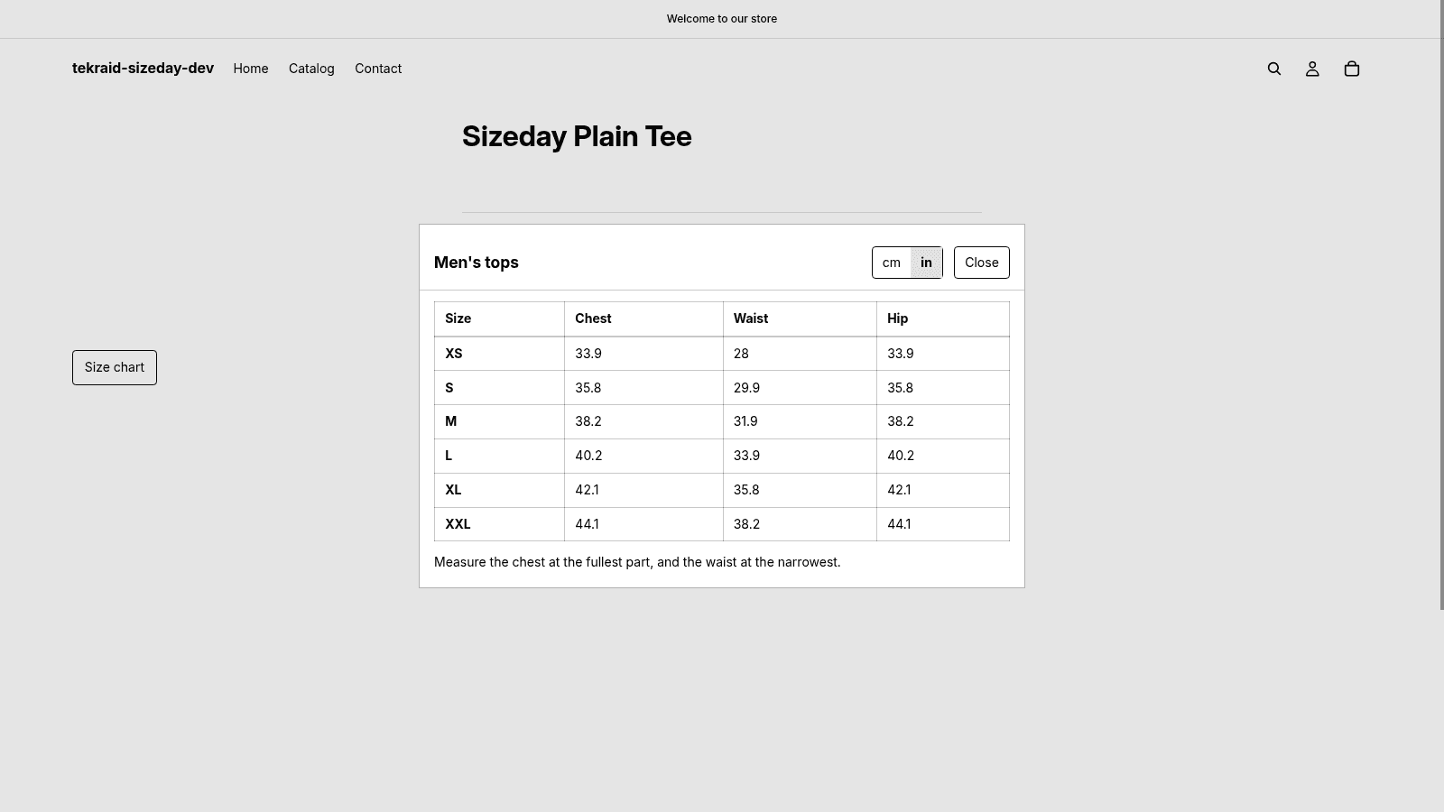 Sizeday size guide open on a snowboard product page, with a chart in centimeters and inches